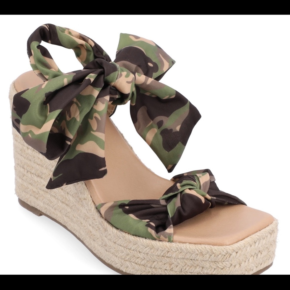 Journee Surria Collection Camouflage Tie-Ankle Espadrille Wedge Sandal 4” Heel